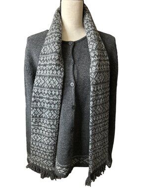 Jillian Jones Lamb Wool Gray Cardigan Sewn In Pattern Scarf Button Up Size XL